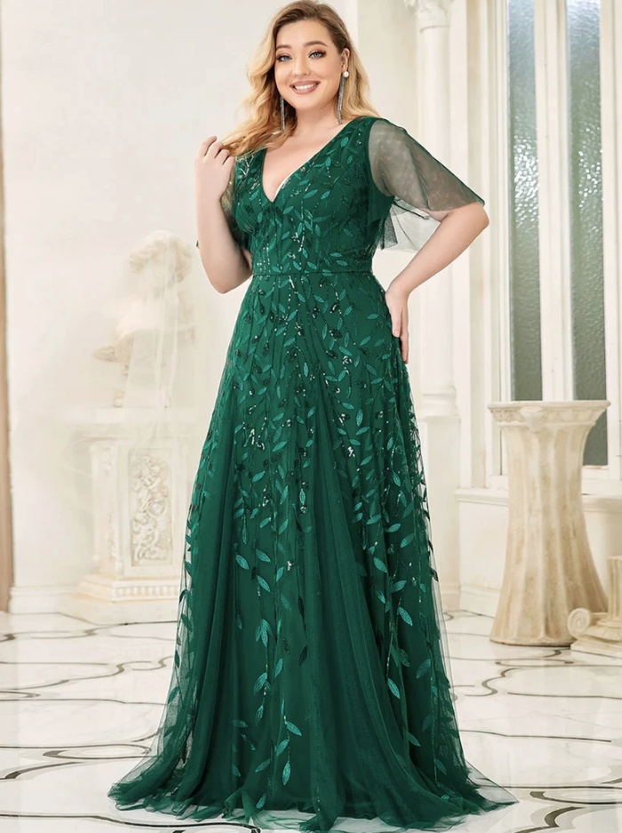 A Linie Kleid Elegant für Hochzeitsgäste Lily in Grün mit V Ausschnitt Ärmel und Pailletten Stickereien