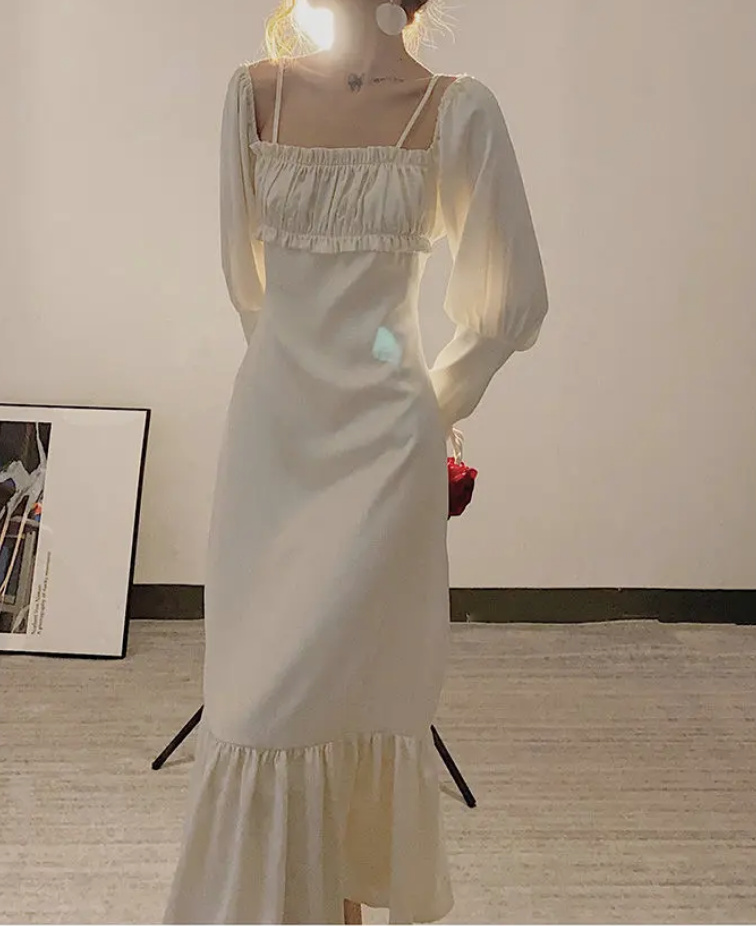 Spaghettiträger Boho Kleid Lilyan für den Standesamt mit Ärmel in Weiß