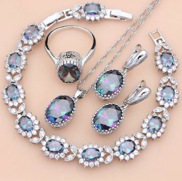 Kristall Zikronia Brautschmuck Set Lina 925 Silber Armband Halskette Ohrringe Ring Blau Multicolor