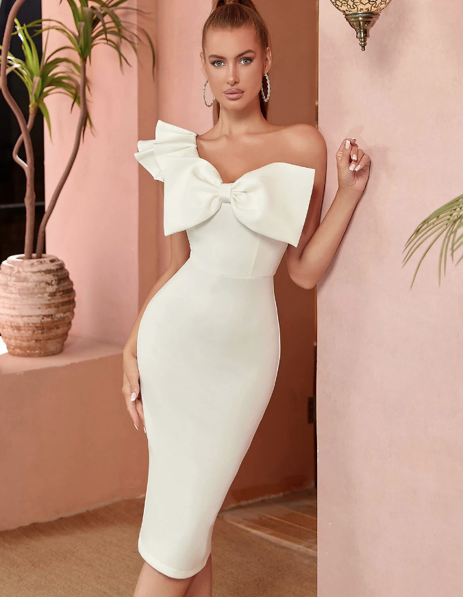 One Shoulder Midi Standesamtkleid Marissa mit Schleife in Weiß