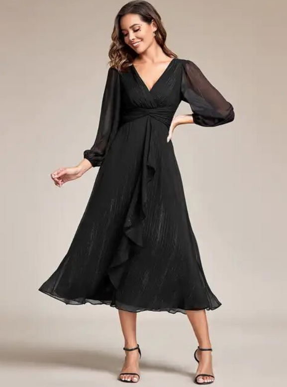 Langarm Chiffon Kleid für Hochzeitsgäste Mina Wadenlang in Schwarz