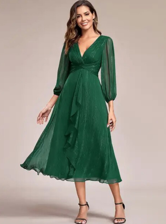 Langarm Chiffon Kleid für Hochzeitsgäste Mina Wadenlang in Dunkelgrün