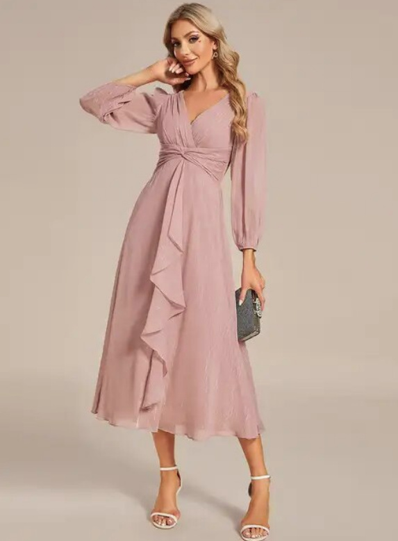 Langarm Chiffon Kleid für Hochzeitsgäste Mina Wadenlang in Altrosa