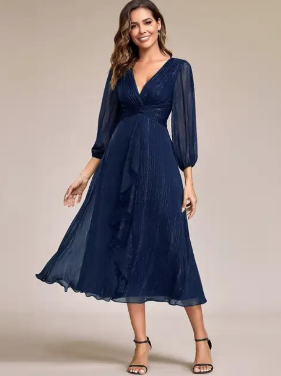 Langarm Chiffon Kleid für Hochzeitsgäste Mina Wadenlang in Dunkelblau