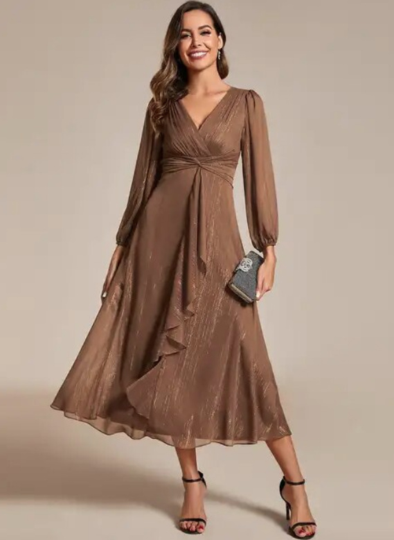 Langarm Chiffon Kleid für Hochzeitsgäste Mina Wadenlang in Bronzebraun