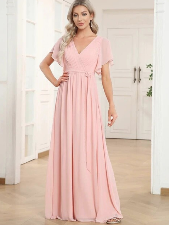 A Linie Chiffon Kleid Elegant für Hochzeitsgäste Maureen in Rosa Lang