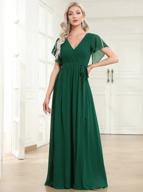 A Linie Chiffon Kleid Elegant für Hochzeitsgäste Maureen in Dunkelgrün Lang