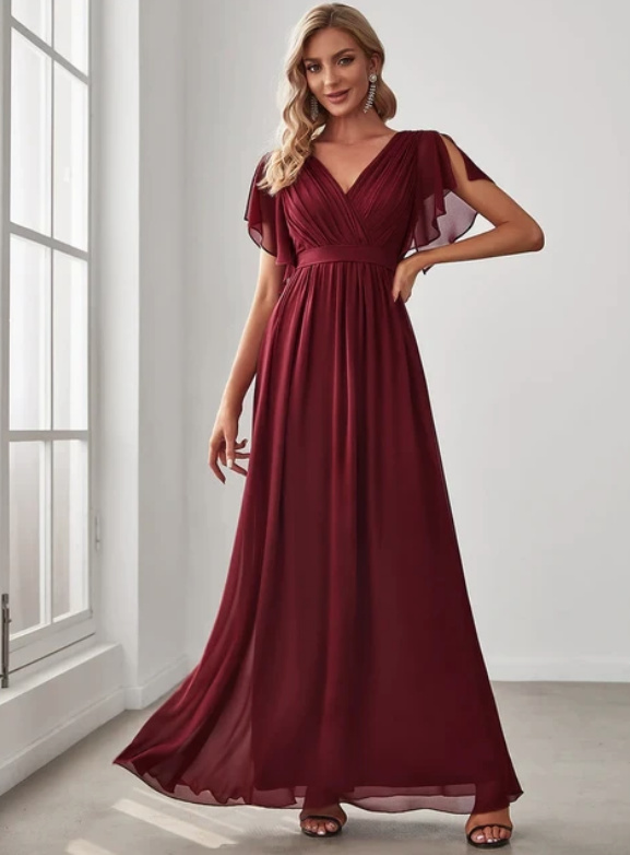 A Linie Chiffon Kleid Elegant für Hochzeitsgäste Maureen in Weinrot Lang