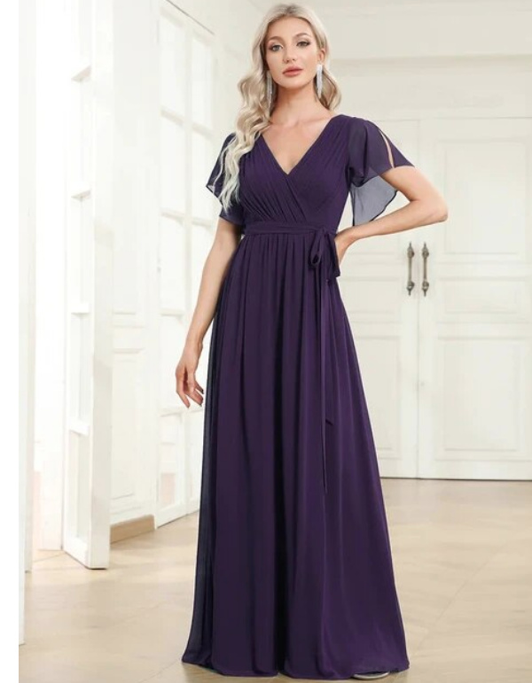 A Linie Chiffon Kleid Elegant für Hochzeitsgäste Maureen in Dunkellila Lang