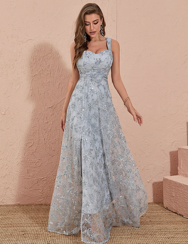 Empire Maxi Kleid Elegant für Hochzeitsgäste Merida in Hellgrau mit Spitze