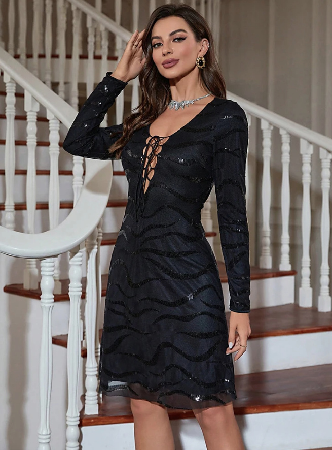 Langarm Glitzer Midi Kleid Elegant für Hochzeitsgäste Schwarz