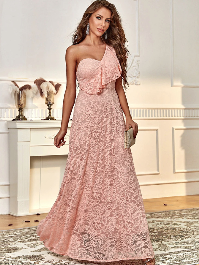 One Shoulder Maxi Kleid Elegant für Hochzeitsgäste Malena mit Spitze in Lachs