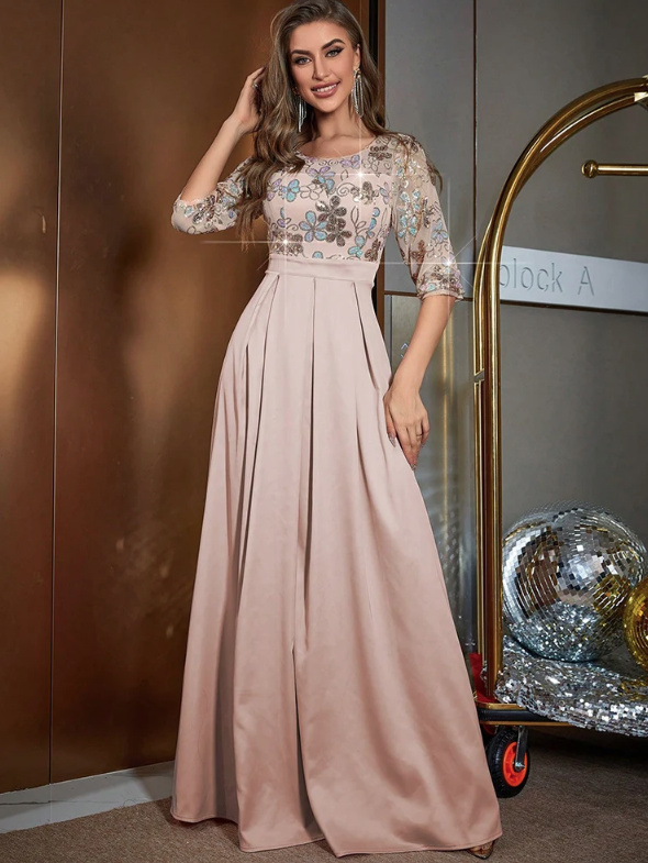 Elegantes Glitzer Kleid für Hochzeitsgäste Maxi in Champagne mit Blumen