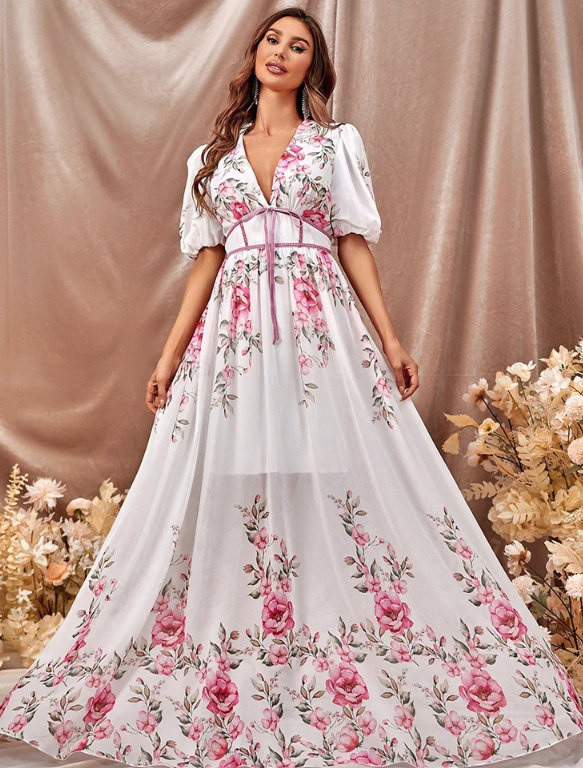 Chiffon Maxi Kleid in Weiß für Hochzeitsgäste Lang mit Blumenmuster