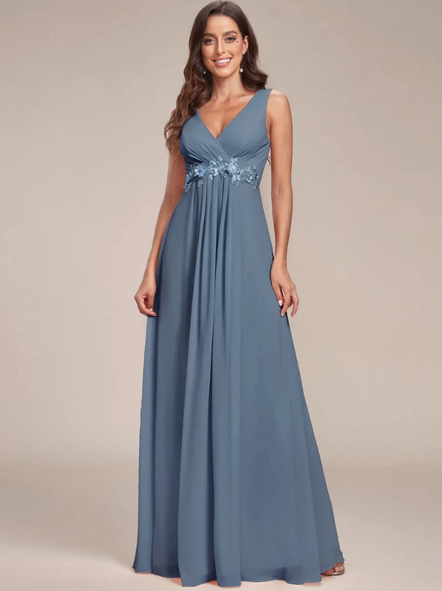 Empire Kleid Elegant für Hochzeitsgäste Marlen in Graublau mit Blumen Ärmellos