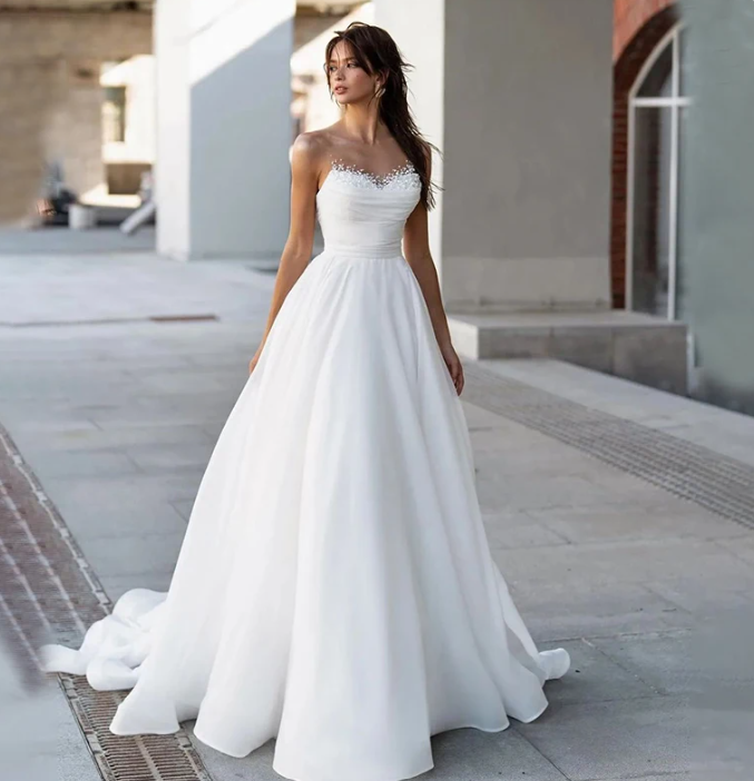 A Linie Boho Brautkleid Hochzeitskleid mit Perlen Ausschnitt