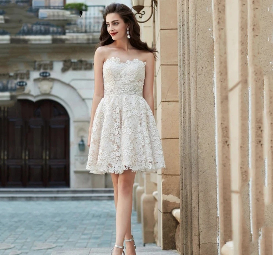 Schulterfreies Kurzes Standesamtkleid Mirjam mit Blumenspitze
