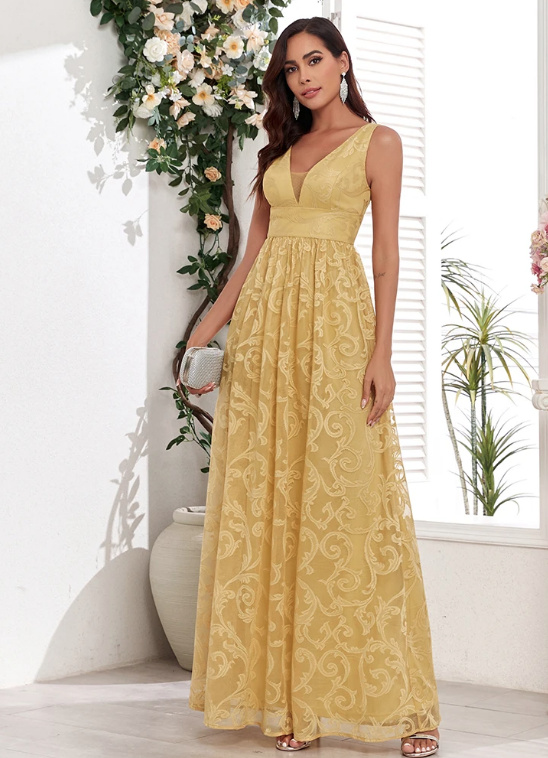 V Ausschnitt Empire Kleid für Hochzeitsgäste in Gelb mit Blumenspitze