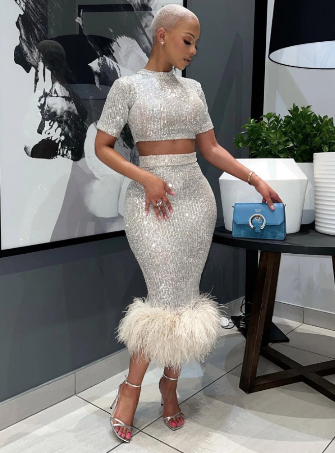 Zweiteiliges Glitzer Sexy Bodycon Standesamt Outfit Nela Silber