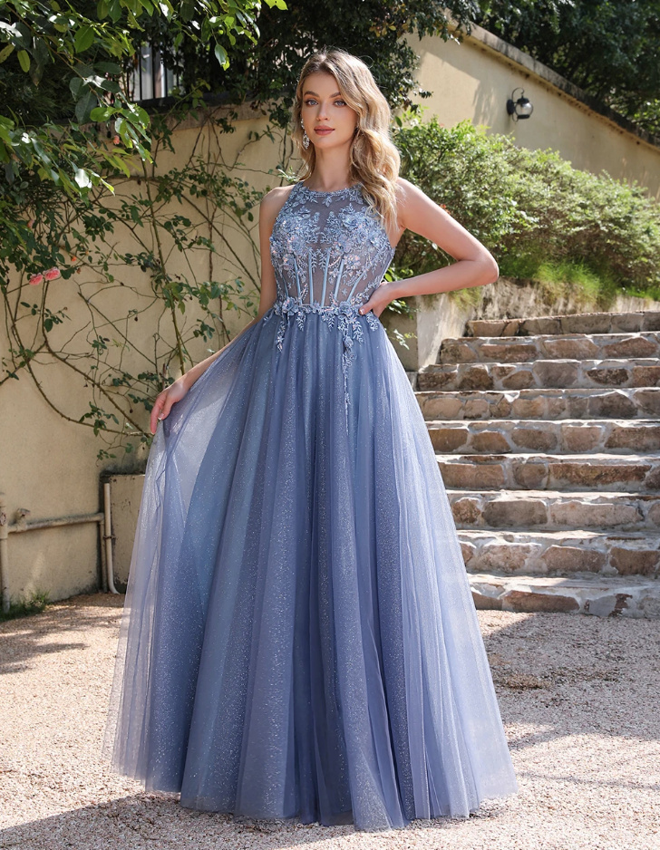 A Linie Mieder Kleid Elegant für Hochzeitsgäste in Blau Ärmellos mit Spitze