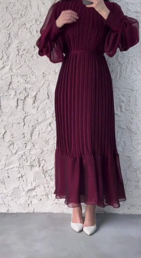 Langarm Plissee Kleid Elegant für Hochzeitsgäste in Weinrot