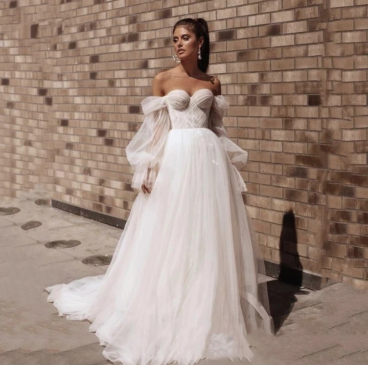 Schulterfreies A Linie Boho Brautkleid Annabella mit Tüll Ärmel