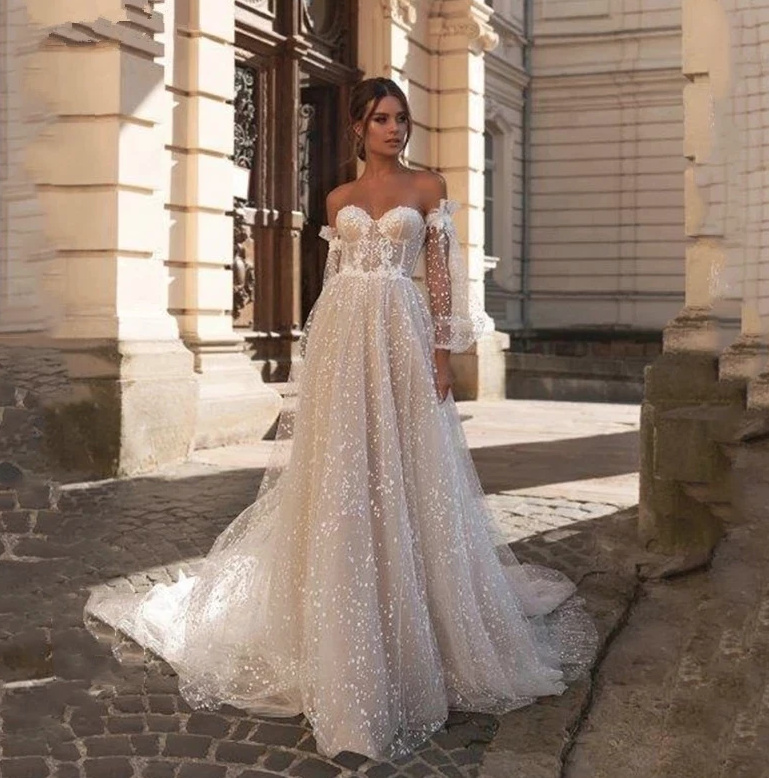 Schulterfreies Boho Brautkleid Anouk mit Tüll Ärmel und Herz Ausschnitt