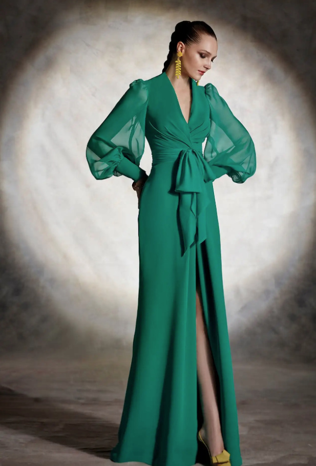 A Linie Wickel Kleid Elegant für Hochzeitsgäste in in Grün mit Chiffon Ärmel