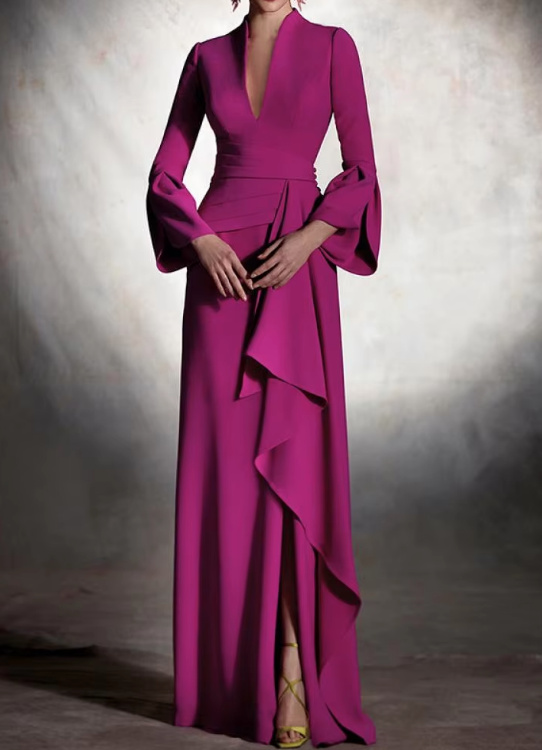 Langarm Fit and Flare Kleid Elegant für Hochzeitsgäste in Fuchsia mit V Ausschnitt