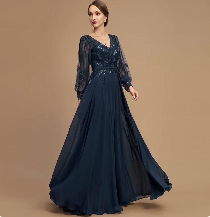 A Linie Langarm Abendkleid Elegant für Hochzeitsgäste in Dunkelblau mit Pailletten und Spitze
