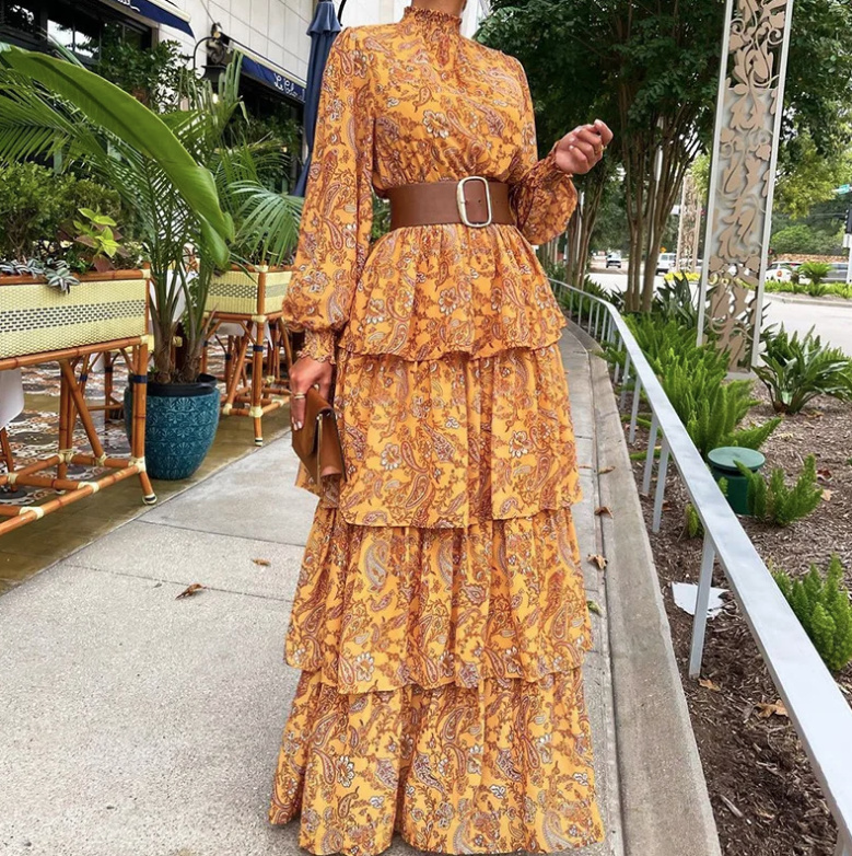 Elegantes Langarm Boho Kleid Anne für Hochzeitsgäste in Gelb