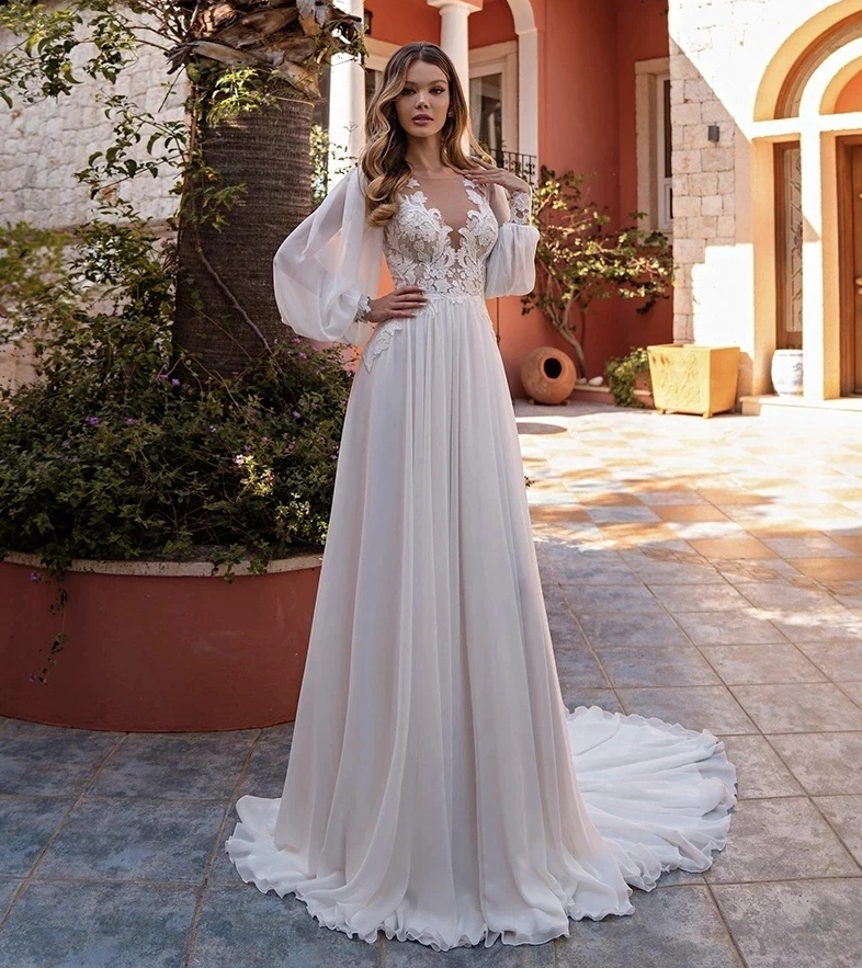 Langarm A Linie Boho Brautkleid Alice aus Chiffon mit Spitze