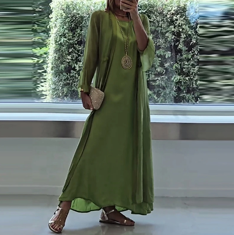 A Linie Satin Outfit Kleid Elegant für Hochzeitsgäste in Grün mit Lange Jacke