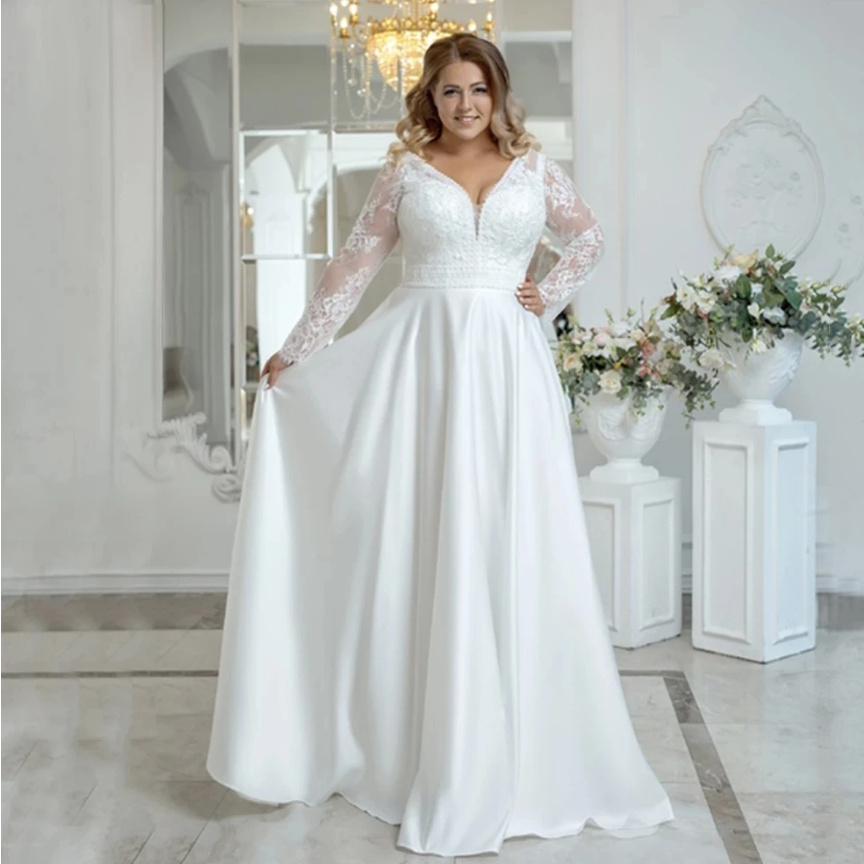 Langarm Empire Brautkleid Angélique Bodenlang mit V Ausschnitt und Spitze