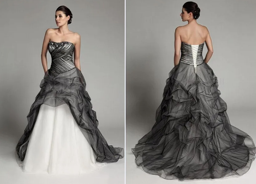 Schulterfreies Vintage Style Brautkleid Hochzeitskleid in Schwarz Weiß mit Tüll