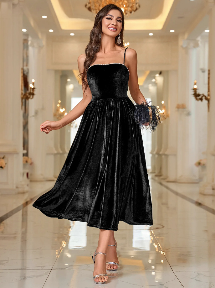 Spaghettiträger Samt Kleid Elegant für Hochzeitsgäste in Schwarz Wadenlang