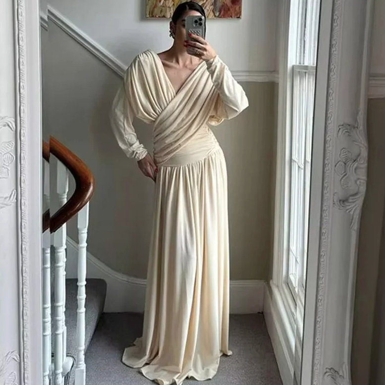 Langarm Wickel Optik Standesamtkleid Baila Bodenlang mit Rücken Ausschnitt