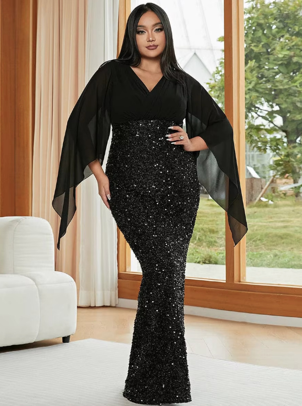 I Linie Glitzer Kleid Elegant für Hochzeitsgäste in Schwarz mit Chiffon Ärmel