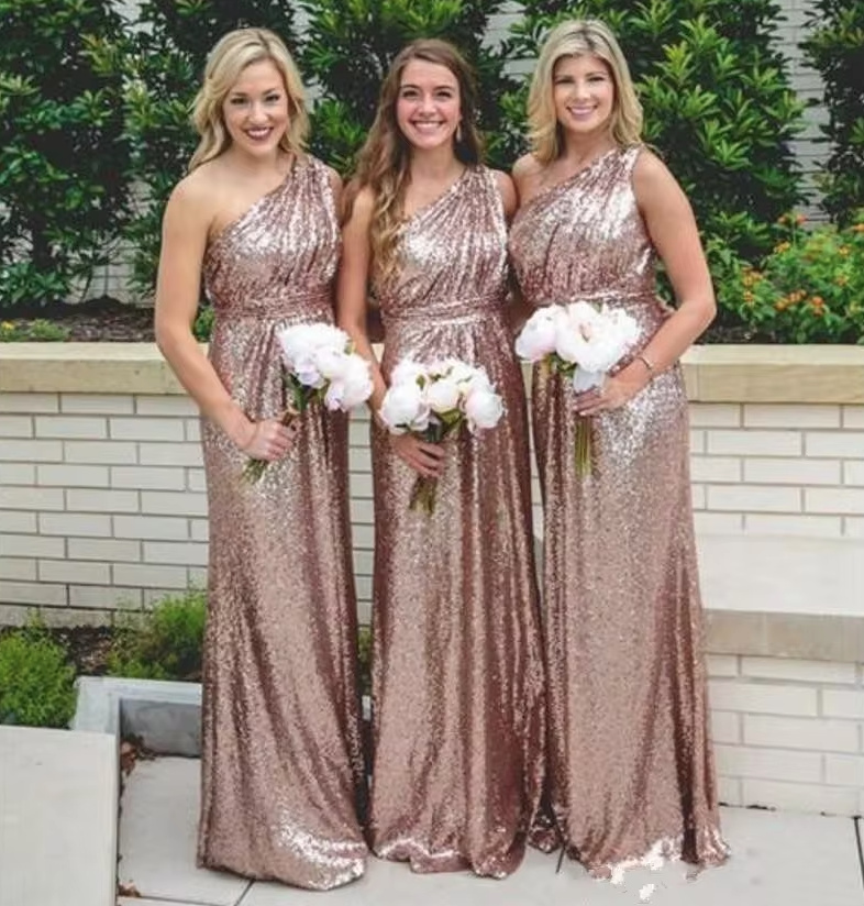 One Shoulder Glitzer Brautjungfernkleid Bodenlang in Gold Bodenlang