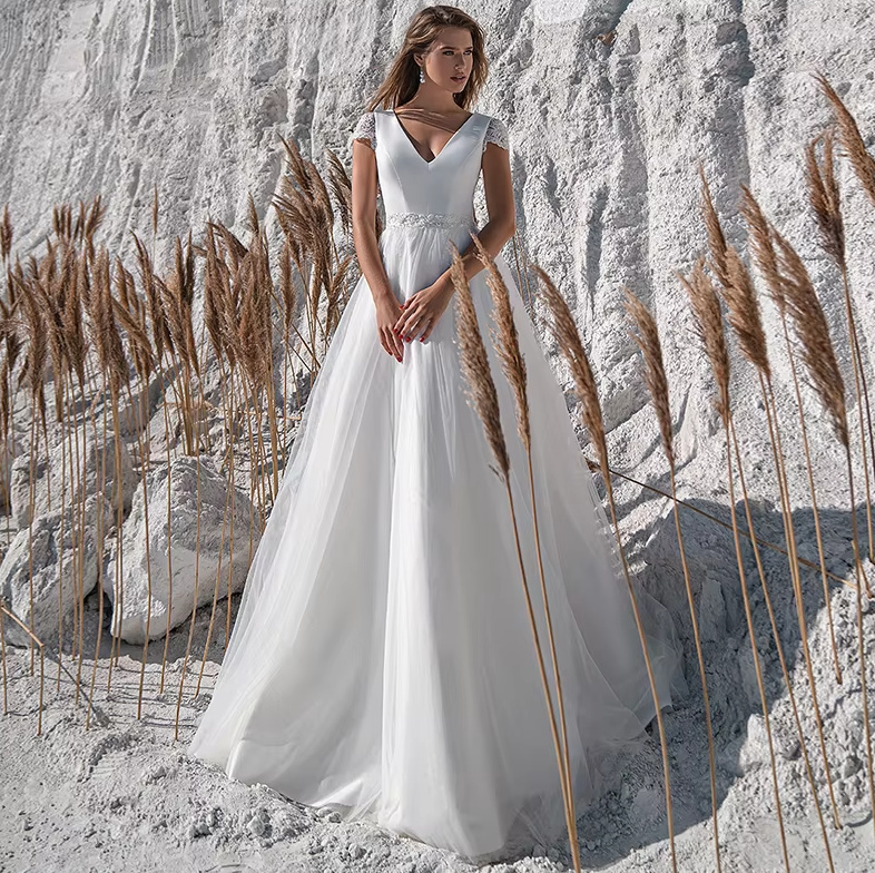 A Linie Kurzarm Brautkleid Cinzia Schlicht mit Schärpe