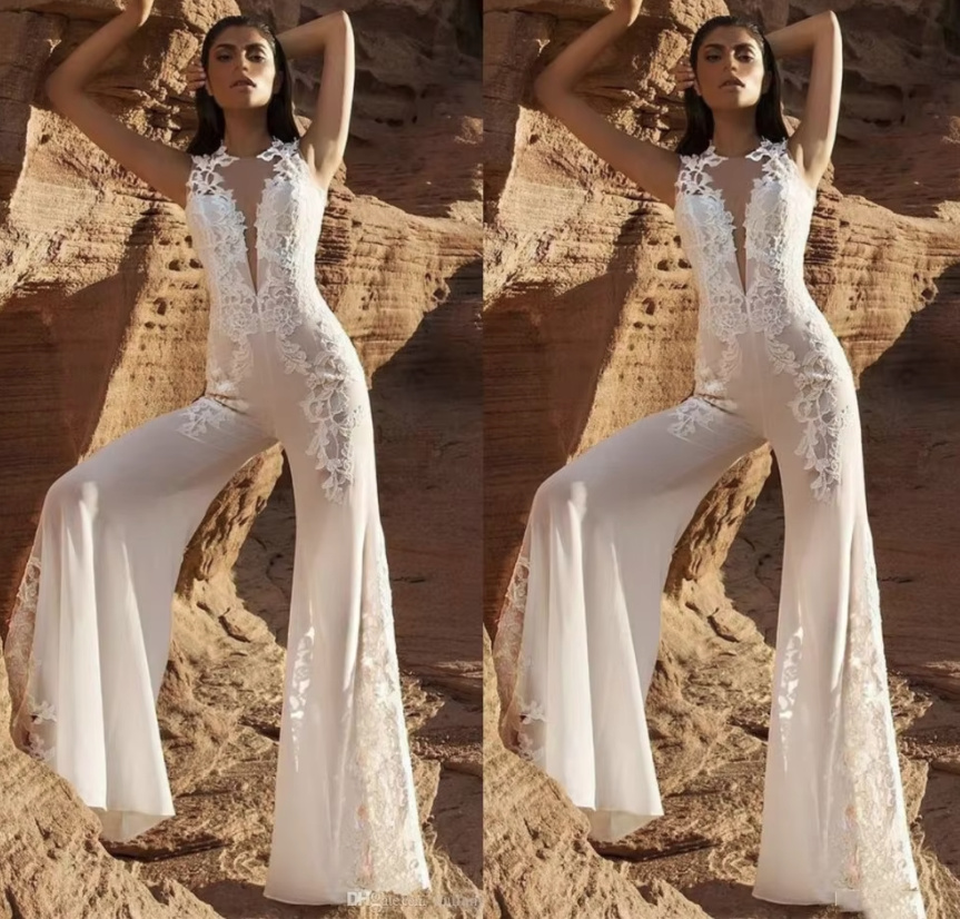 A Linie Boho Style Braut Einteiler Overall One Pice Ärmellos mit Spitze