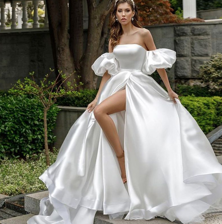 Empire Satin Brautkleid Annabell Bodenlang mit Puffärmel und Schleppe