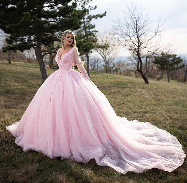 Cinderella Langarm Ball Linie Brautkleid mit Schleppe in Zartrosa