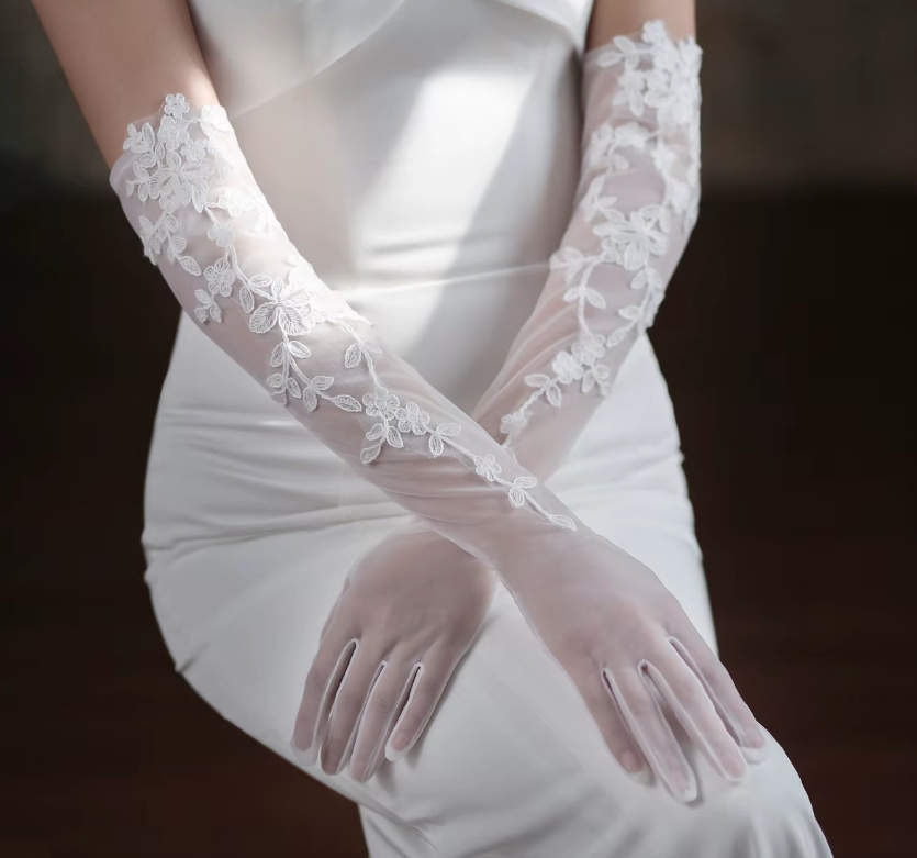 Elegante Hochzeit Braut Handschuhe Floretta Lang in Weiß