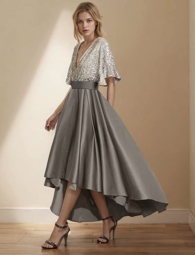 Satin Glitzer Kleid Christel Elegant für Hochzeitsgäste in Silber Vorne Kurz Hinten Lang