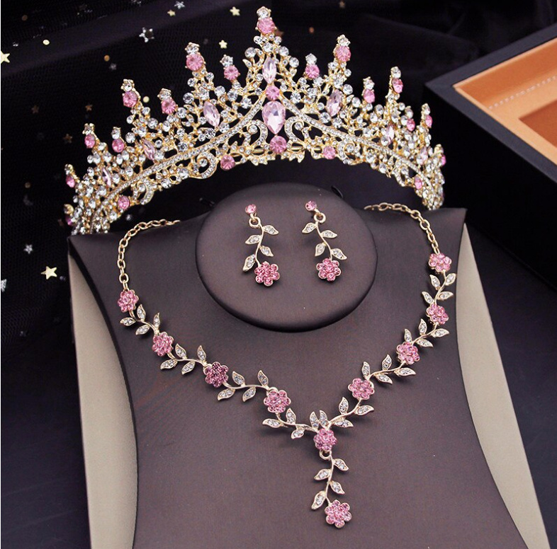Brautschmuck Set in Gold Rosa Tiara mit Ohrringe und Halskette im Set