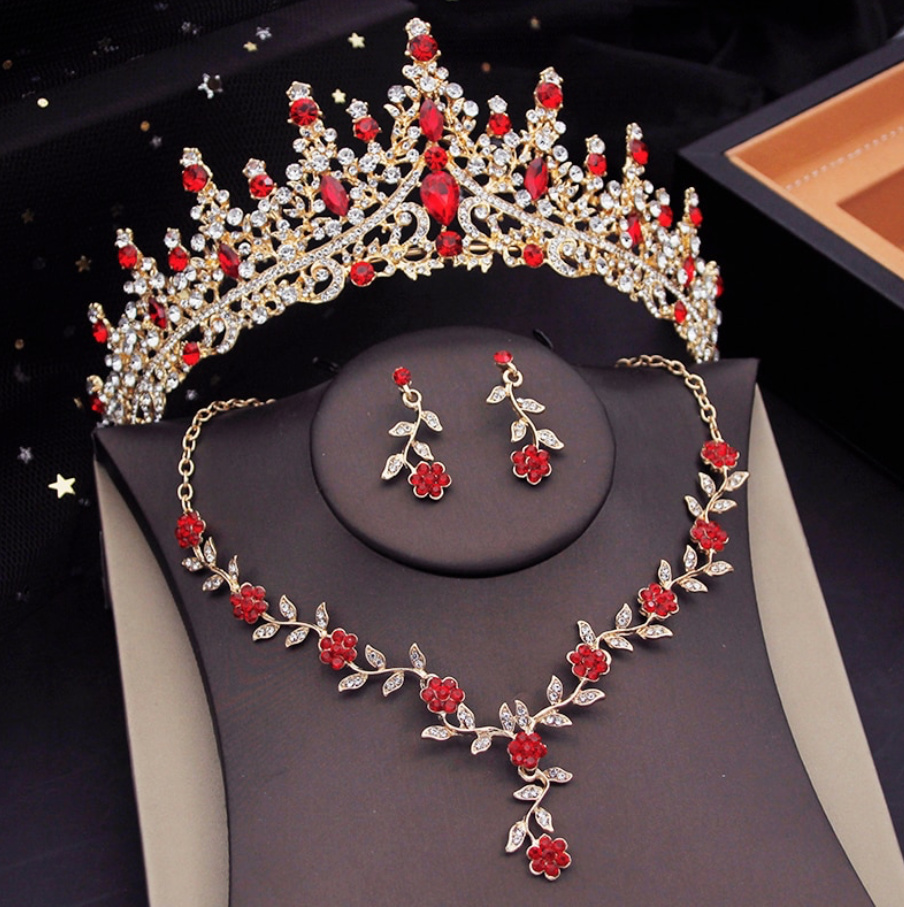 Brautschmuck Set in Gold Rot Tiara mit Ohrringe und Halskette im Set