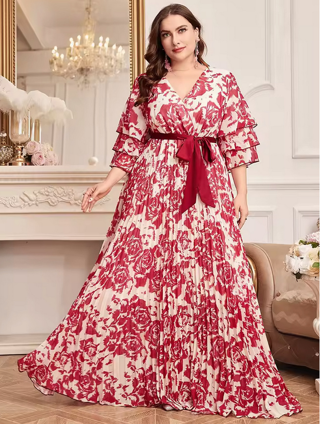 Empire Plissee Kleid Celina Elegant für Hochzeitsgäste in Weiß Rot mit Blumenmuster