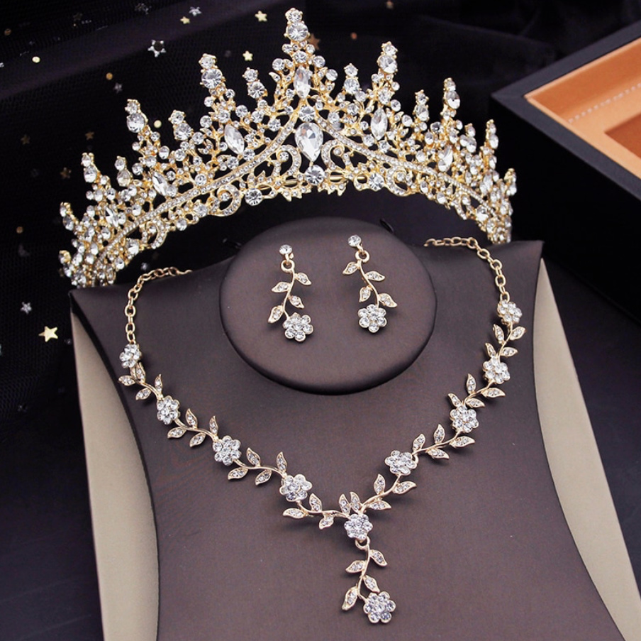 Brautschmuck Set in Gold Weiß Tiara mit Ohrringe und Halskette im Set