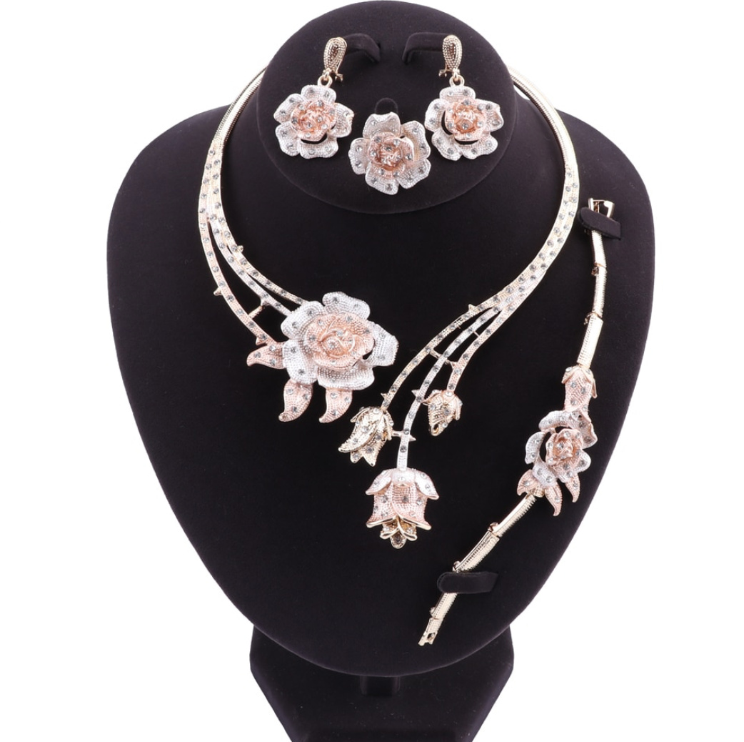 Multicolor Blumen Brautschmuck Set Halskette Ohrringe Armband und Ring im Set